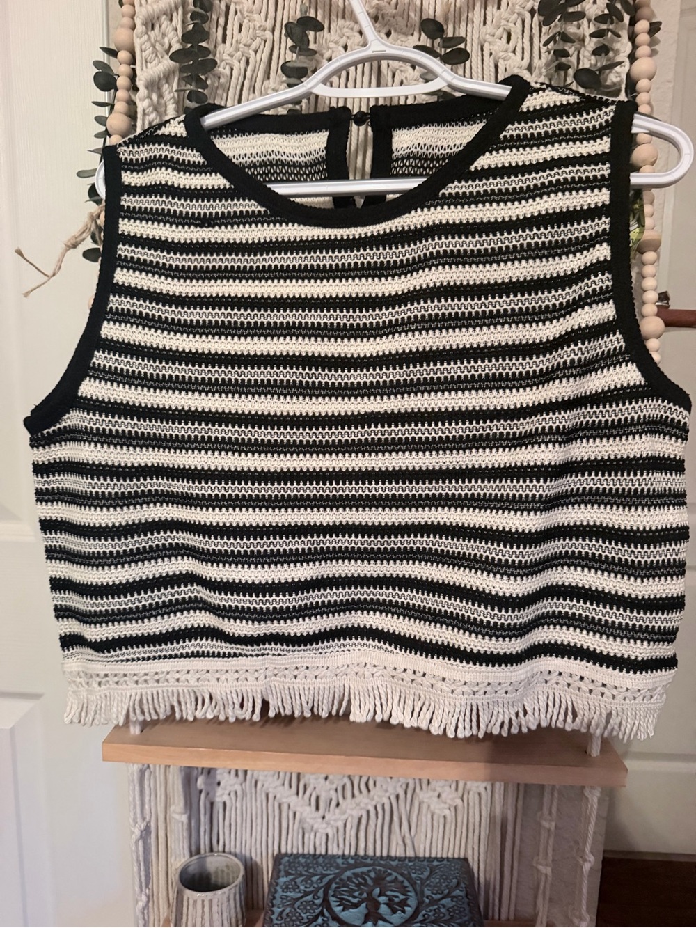 Women’s Black and White Striped Crochet Fringe Tank Top